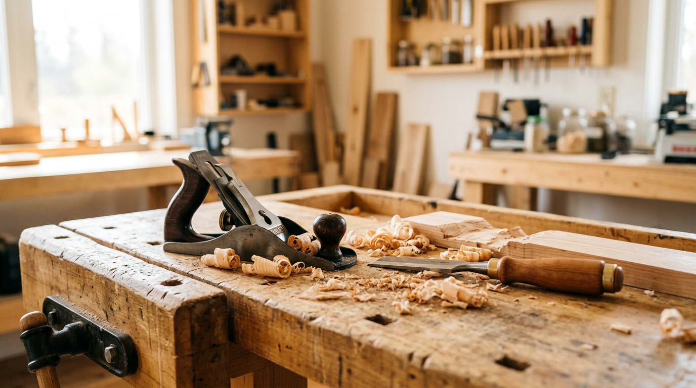 Hand plane and chisel on a workbench surrounded by wood shavings